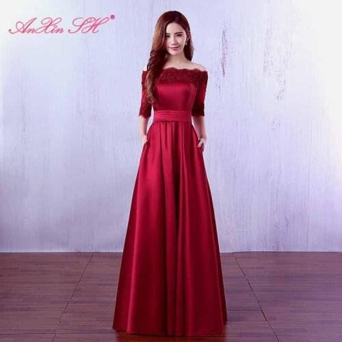 AXJFU wine red lace Evening Dresses princess vintage champagne red boat neck flower lace white long evening dress