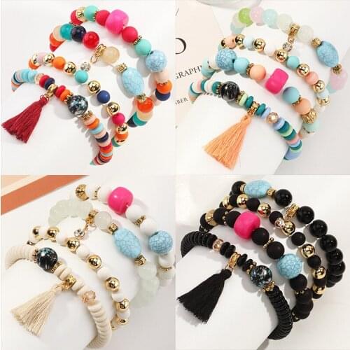 Boho Vintage Colorful Stone Beaded Bracelets for Women Glass Charms Tassel Pendant Pulsera Men Multilayer Bangles Ethnic Jewelry