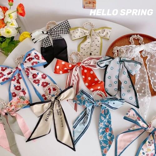 W&G Ins Pearl Head Rope Floral Ribbon Ribbon Silk Scarf Wave Dot Kawaii Hair Rope Hair Band Hair Ring Rubber Band Pearl