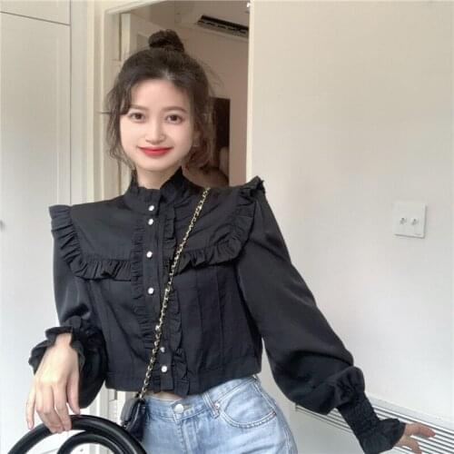 Half-high collar long-sleeved ruffled shirt autumn new style palace style retro short style fashion blouse female