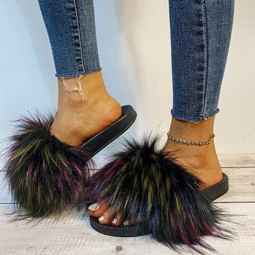 Womens 2021 New Fur Slippers Home Outdoor Beach Sandals Open Toe Casual Black Female Shoes Comfortable Platform Flat Shoes