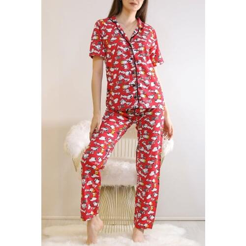 Buttoned Womens Pajamas Set Red comfortable sleep cute print night pajamas womens sethome textile comfortable long sleeve pajam