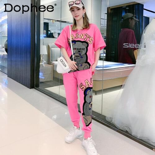 European Women TrackSuit 2021 Summer Cartoon Rhinestone Letter Short Sleeve T-shirt+Loose Sweatpants Plus Size Two-Piece Sets