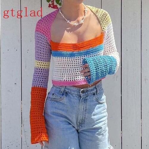 Gtglad Knitted Long Sleeve Crop Top Women Beach Y2K Autumn Summer Patchwork Vintage Green Casual T Shirts Sexy Fashion