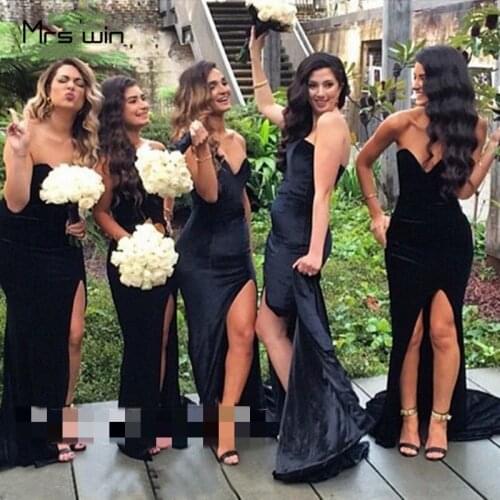 Mrs win Bridesmaid Dresses Sexy Split Black Train Vestido Madrinha Train Strapless Plus Size Long Wedding Guest Dress HR312