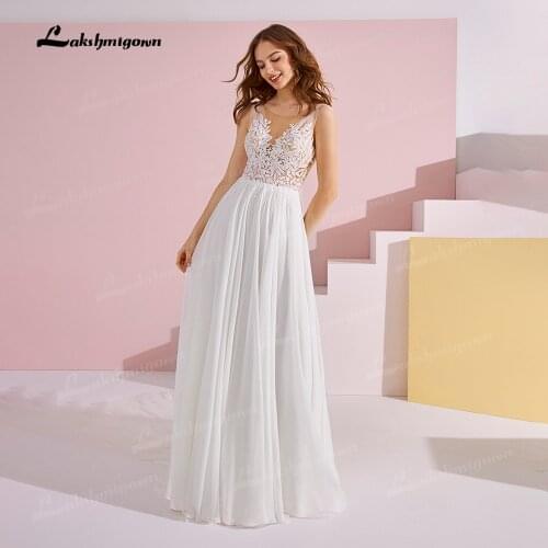 Elegant Sleeveless Bohemian Lace Wedding Dress Custom Made V-neck Sweep TraIn Vestido de Novia Simple Chiffon Bridal Gown 2021