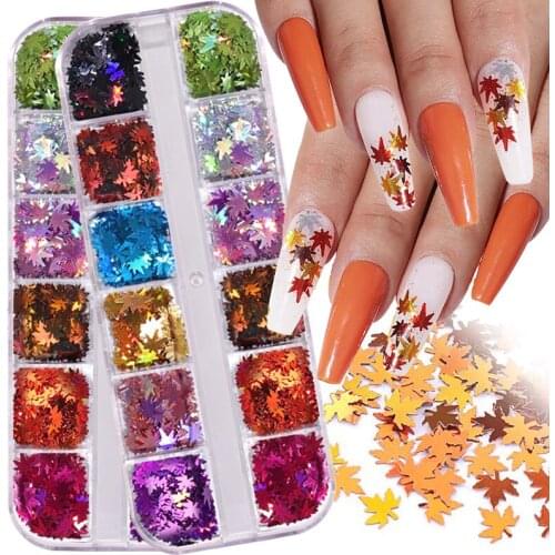 1 Box 3D Maple Leaves Nail Art Sequins Holographics Gold Red Thin Paillette Flakes Autumn Fall Manicuring Nail Art Decoration