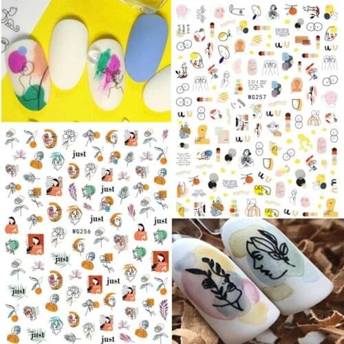 10PCS 3D Abstract Human Face Nail Sticker Leaf Painted Graffiti Nail Art Rose Flower Geometry for Nail Decoration