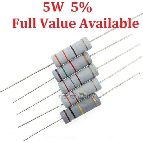 10PCS/LOT 5W 0.1R/0.5R/1R/2.2R/3.3R 0.22R oxide film resistor 0.5 ohm 5W 5% carbon film resistance large power resistors 5W0.5R