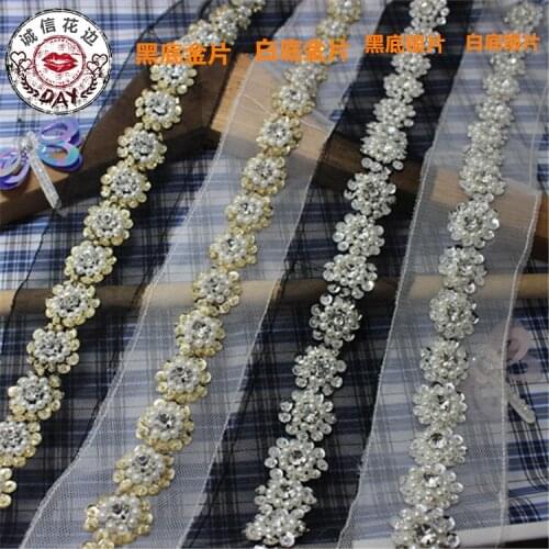 2y High Quality 2.5cm Pearl Rhinestone Beaded Lace Trim Vintage Mesh Fabric Paillette Lace Beaded Pearl Trim Braid Lace Applique
