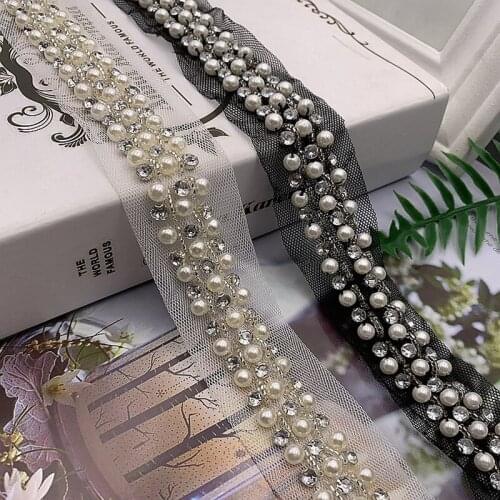 2Yards White Black Mesh Beaded Trim Costume Dress Sewing Supplies Craft Pearls Lace Ribbon DIY Material 4cm Wide