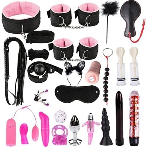 25pcs Unisex BDSM Bondage Mouth Gag Metal Butt Plug with Vibrator Kit Sex Toys