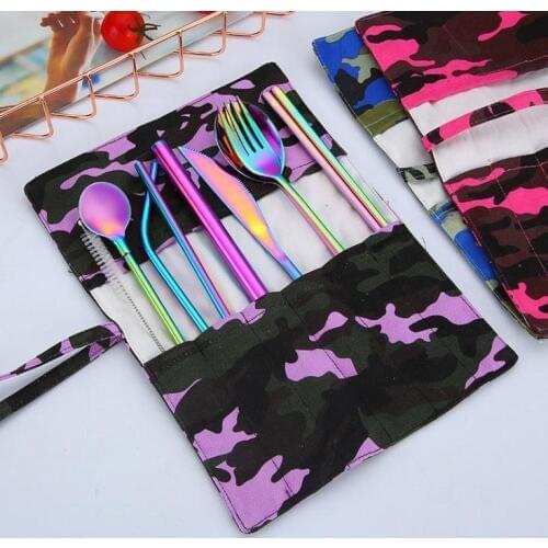 New 304 stainless steel knife fork spoon chopsticks straw spoon 9 piece environmental protection portable outdoor tableware set