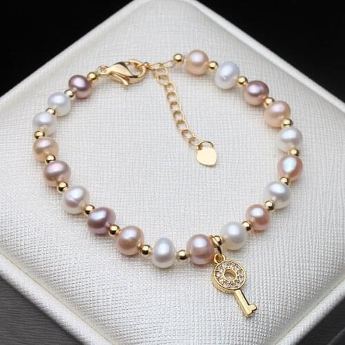 Beautiful Multi Color Round Real Natural Pearl Bracelet Women,Key Bracelet Adjustable Party Girl Bridal Jewelry