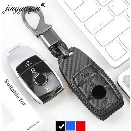 Jingyuqin Fiber Carbon Leather Cover Fob 3 Buttons Key Case For Mercedes Benz E300 E300L W213 E200 E200L E Class 2018 2017 2016
