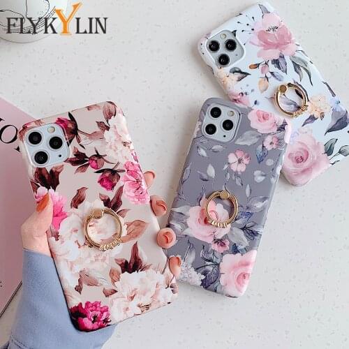 FLYKYLIN Finger Ring Holder Case For IPhone SE 2020 12 11 Pro Max Back Cover For Redmi Note 7 8 Pro Flower Silicon Phone Coque