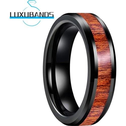 6MM Black Women Tungsten Carbide Rings Beveled Edges Wood Inlay Engagement Wedding Bands Polished Finished Comfort Fit