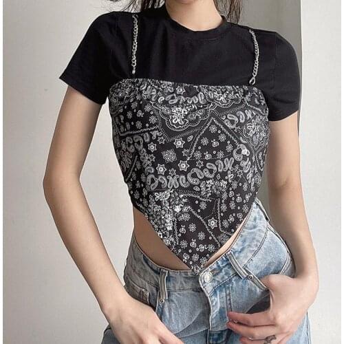 Women T-shirt Fake 2 Piece Cashew Print Summer Chain Short Sleeve Top for Night Club tops for women fashion Women Clothing