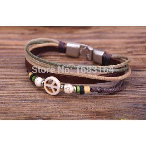 G64 Silver Surfer Hemp Leather Wood Stone Beads Bangle Bracelet Cuff White Peace Mens