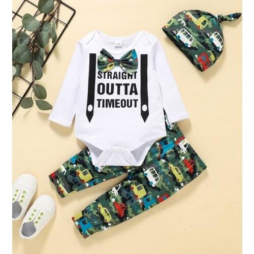 0-24M Newborn Baby Boy Long Sleeve Cotton Bodysuit Tops Car Pattern Long Pant Hat 3PCS Autumn Clothes Set