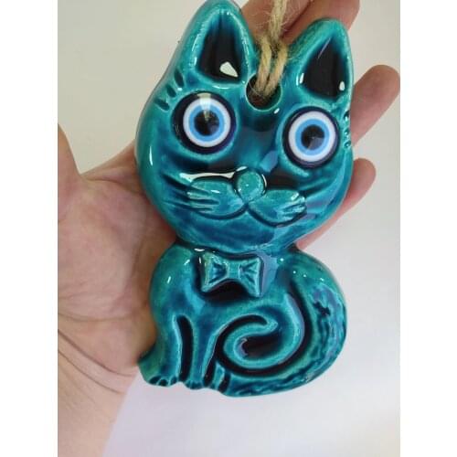 Ceramic Cat Evil Eye Pendant Turkish Nazar Handmade Amulet for Wall Hanging Talisman Boho Home Decor Protector