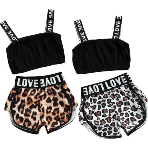 New Girls Casual Two-piece Clothes Set, Boat Neck Sleeveless Tops and Leopard Printed Pattern Shorts, White/ Brown