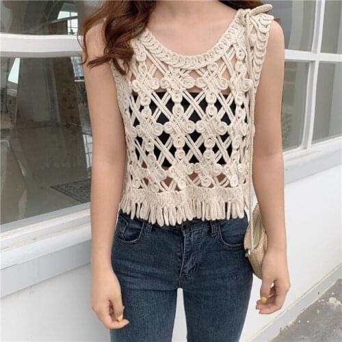 Korean Women Crochet Tanks Tops Femme Short Tanks Sexy Woman Crochet Camis Tops