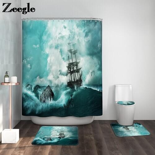 Feature Printing Bathroom Carpet Waterproof Shower Curtain and Bath Mat Set Non-slip Foot Mat Microfiber Bathroom Mat Set