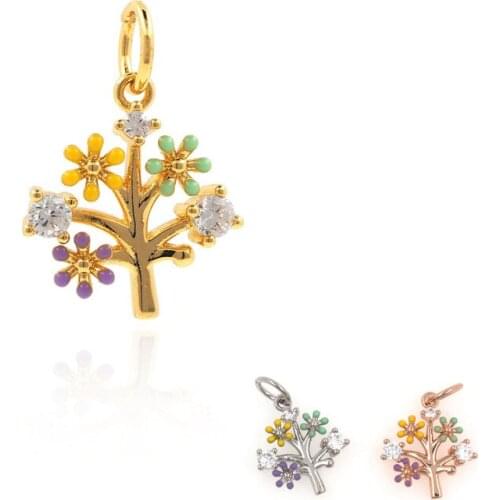 Flower Pendant Golden Tree Necklace The Charm of the Tree of Life CZ Jewelry Making Accessories 16.8x11.6x2.8mm