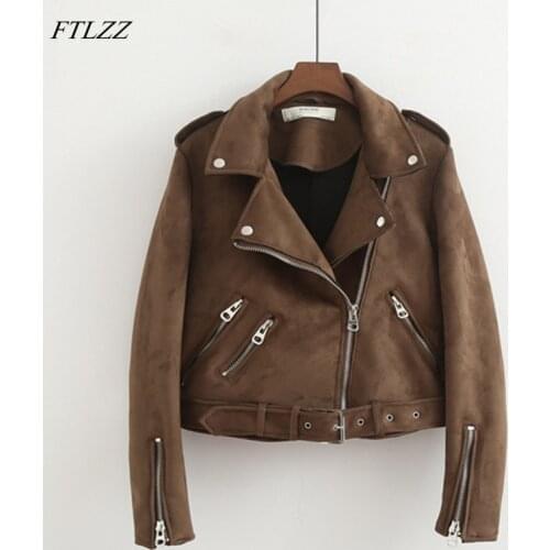 FTLZZ New Faux Suede Womens Motorcycle Jacket Autumn Faux Leather Jacket Female With Belt Slim Short Biker Coat