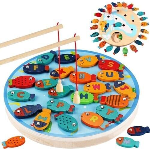 Magnetic Wooden Fishing Game Toy for Alphabet Fish Catching Counting Board Games Toys for 2 3 4 Year Old Girl Boy Kids Birthday