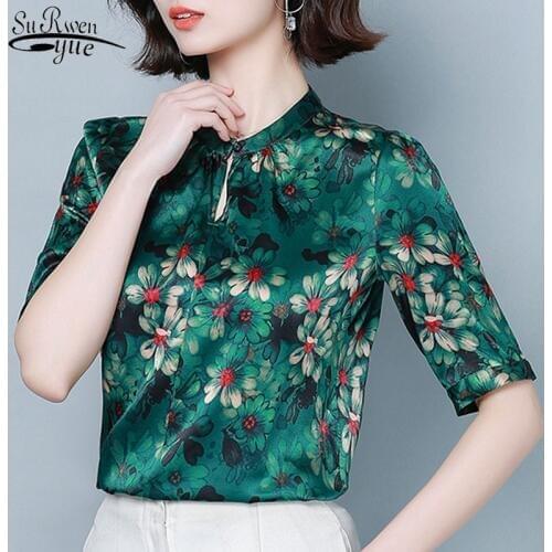 Fashion Silk Blouse Women Summer Plus Size Tops Blusas Mujer De Moda 2020 Vintage Print Stand Clothes 4XL Shirt 8910 50