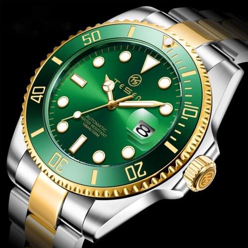 TESEN Brand Automatic Mens Watches Mechanical Stainless Steel Wristwatch Mens Waterproof 43mm Stainless Steel Clock Male Watch
