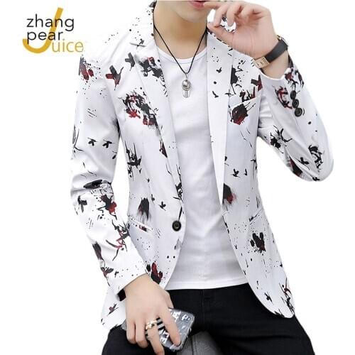 Mens Casual Turn Down Collar Blazers Men Trend Slim Print Button Blazers Men Blazer