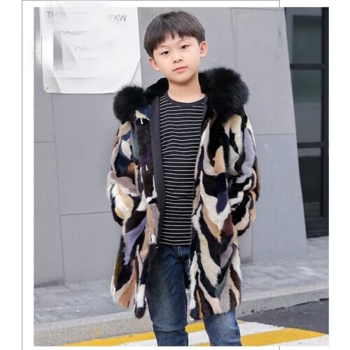NEW real genuine natural kids mink fur coat with fox fur hood child fashion fur jacket boys fashion warm winter outwear