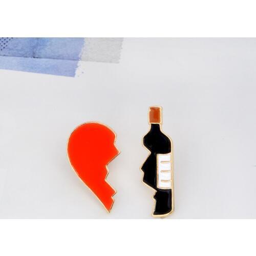 Original New 2pcs/Set Fancy Broken Heart Wine Bottle Brooches Women Red Black Enamel Gold Brooch Pins Men Wedding Jewelry Gift
