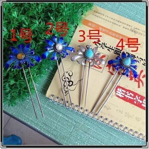 4 Designs Miao 999 Fine Silver Gold Plated Cloisonne Hair Stick Pure Handmade Antique Pinach Artwork Miao Hair Accessories