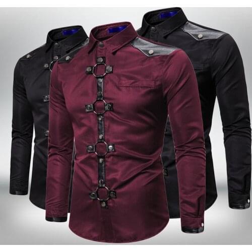 Fashion Long sleeve Shirt Men New Goth Style Rivet Solid Color Cargo Shirt Slim Fit Party Singer Stage Streetwear