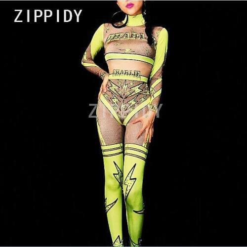 3 Colors Sexy Lightning Pattern Jumpsuit Rhinestones Leggings Stretch Mesh Nightclub Womens Show Outfit Female Singer Bodysuit