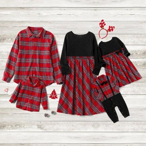 Family Matching Outfits Christmas Clothing Daddy Plaid Shirt Splicing Long Sleeve Autumn Dress Sets for Baby Girl Family Look