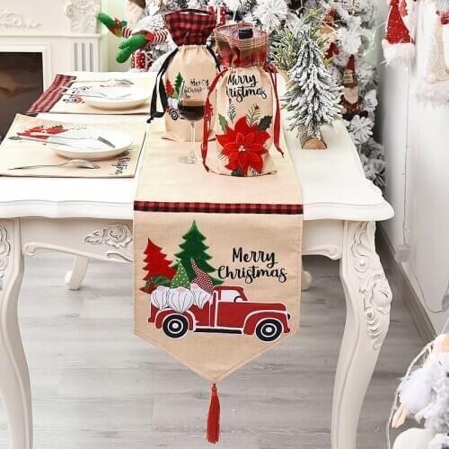184*34cm Cartoon Christmas Flower Gift Truck Linen Tablecloth Table Runner Hotel Home New Year Decor Xmas Party Dinner Supply