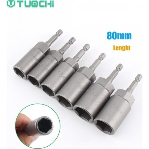 1PCS 1/4inch Hex Shank Impact Socket Adapter Extra Deep Bolt Nut Driver 80mm Bit Set without Magnetic 5.5mm-19mm for Power Tools