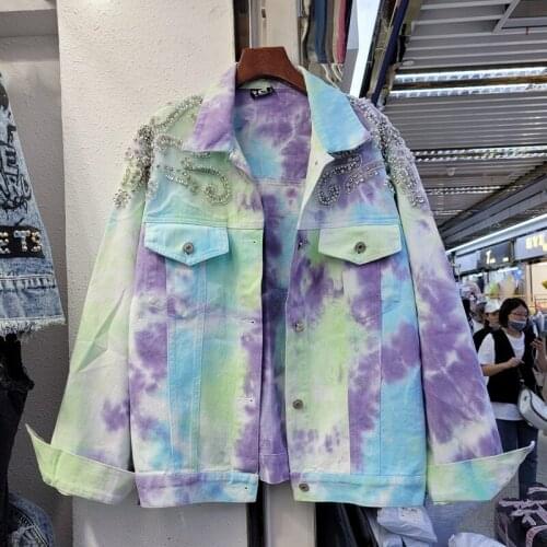 Manual Pearl Beaded Diamond Mesh Stitching Tie-dye Hand-painted Printing Loose Streetwear Spring 2021 Women Casual Denim Jacket