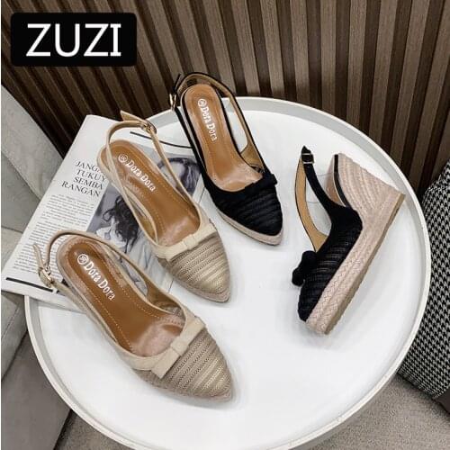 ZUZI Womens Espadrilles Wedge 2021 New Sandals Bow Hollow Single Shoes Womens Fashion Pointed High Heels Thick Bottom Straw