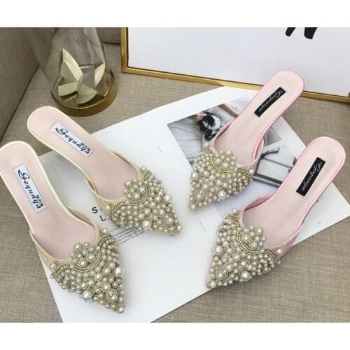 Women Sandals Half-slippers With Pearl Sweet Stiletto High Heels Pointed Toe Fashion Slides Baotou Silks Satins Ladies Shoes