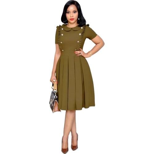 S-XXL Collar Buttons Commute Dress Fit and Flare Collared Casual Skater Dress