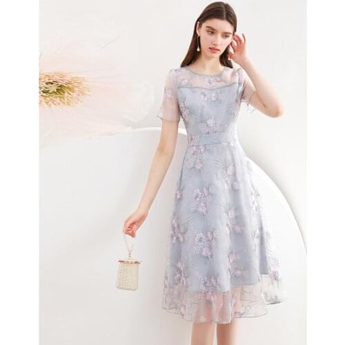 Only Plus Women Floral Embroidery Dress Transparent Short Sleeve High Waist O-Neck A-Line Fairy Dresses For Women Summer