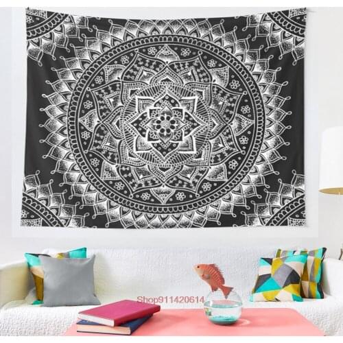 White Flower Mandala on Black tapestry Wall Hanging Tapestries for Living Room Beach Towel Blanket