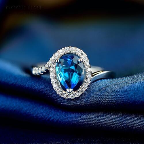 Noble Women Rings Pure 925 Sterling Silver Ring Jewelry Accessories Blue Water Drop Shaped Zircon Ring For Girl Lady Dress Up