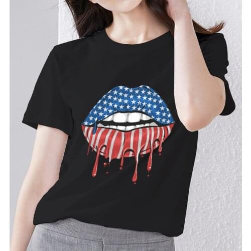 Summer Womens T-shirt Black Classic Female Tops Fashion Sexy Lips Pattern Series Printing O-neck Woman Short Sleeve Clothes